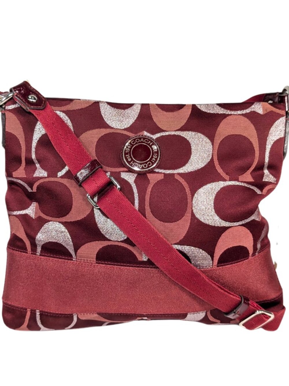 Coach Signature Canvas Jacquard Burgundy Red Silver Zip Slim Crossbody F20430